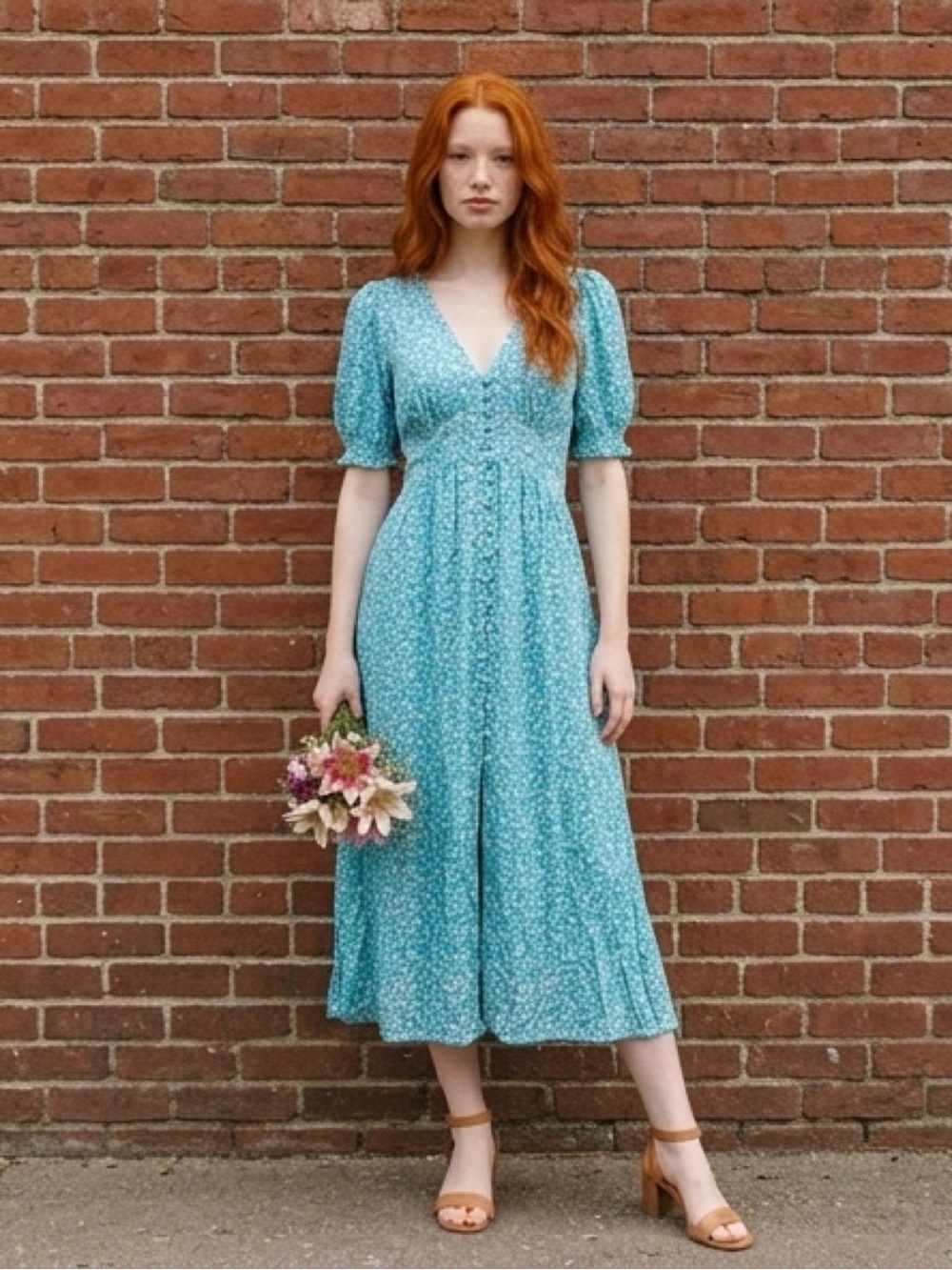 Mango (MNG) Baby Blue & Green Floral Button-Front Midi Dress, Size 4
